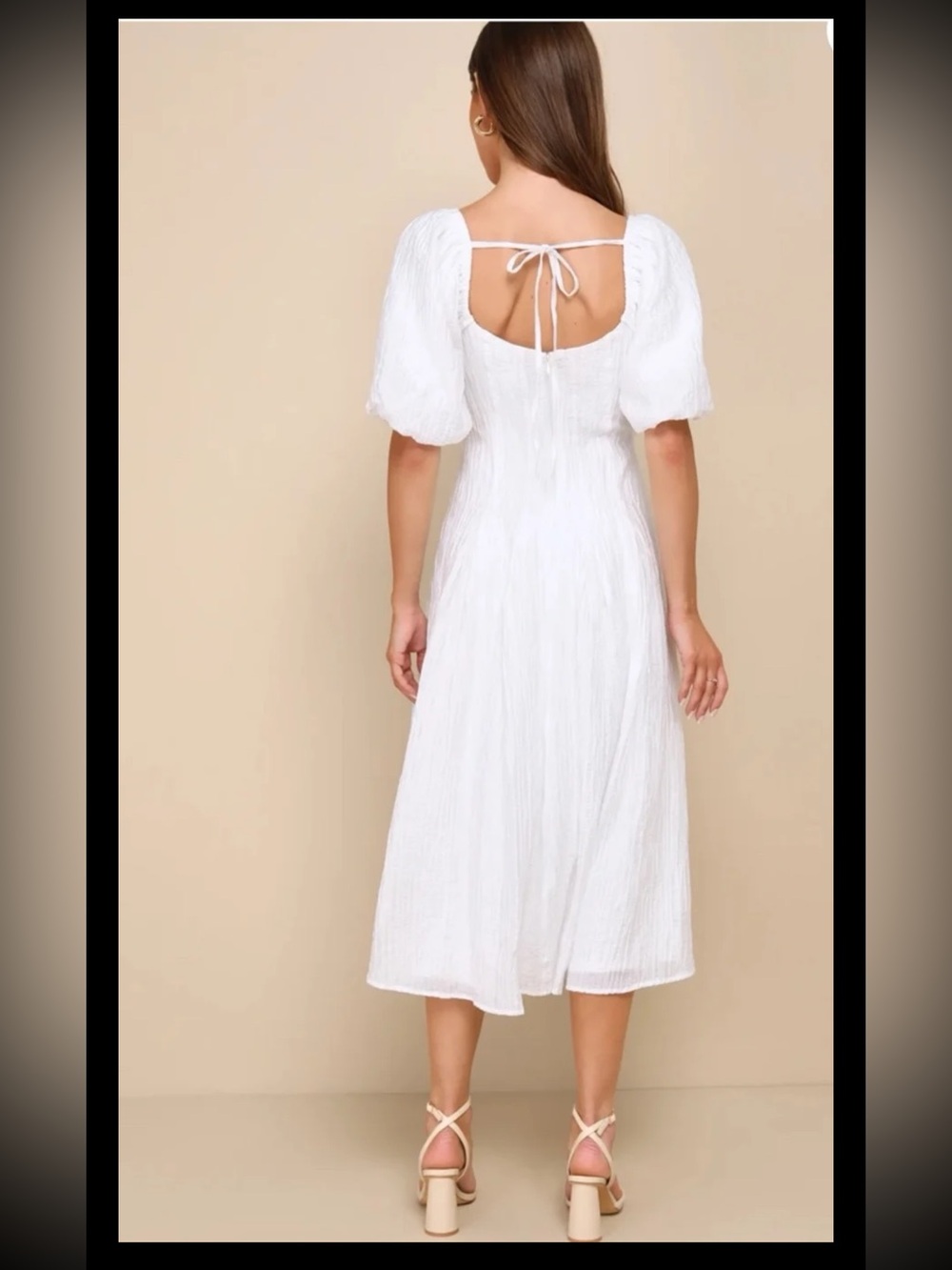 Lulus Heavenly Energy White Textured Puff Sleeve Pleated Midi Dress size Small - Picture 2 of 12